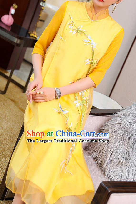 China Traditional Tang Suit Qipao Dress Classical Young Woman Embroidered Bamboo Yellow Organdy Cheongsam Costume
