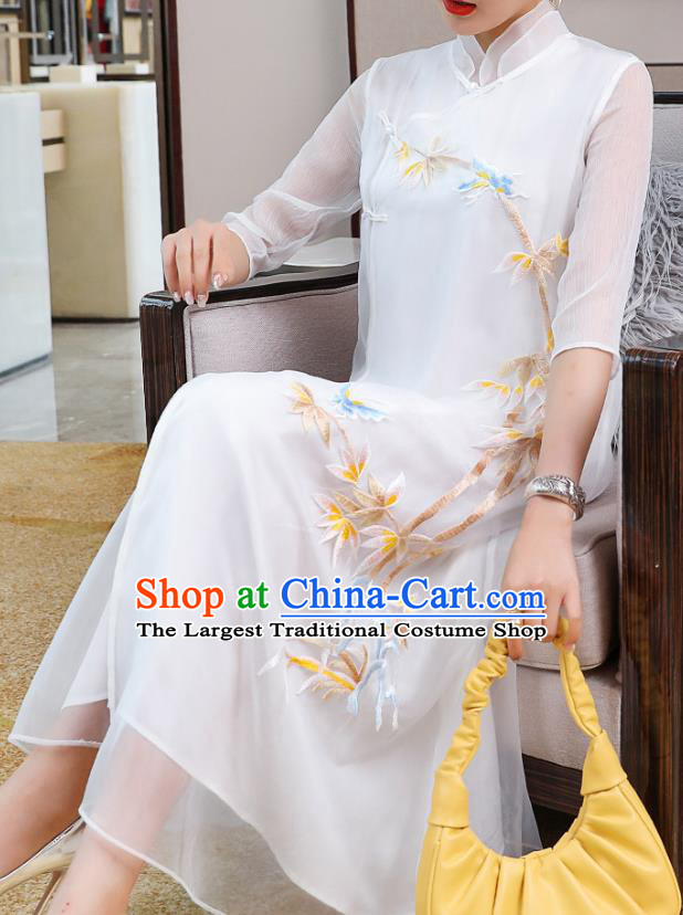 China Traditional Young Woman Tang Suit Qipao Dress Classical Embroidered Bamboo White Organdy Cheongsam Costume