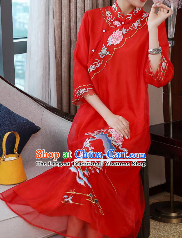China Classical Embroidered Red Organdy Cheongsam Tang Suit Qipao Dress Traditional Young Woman Costume