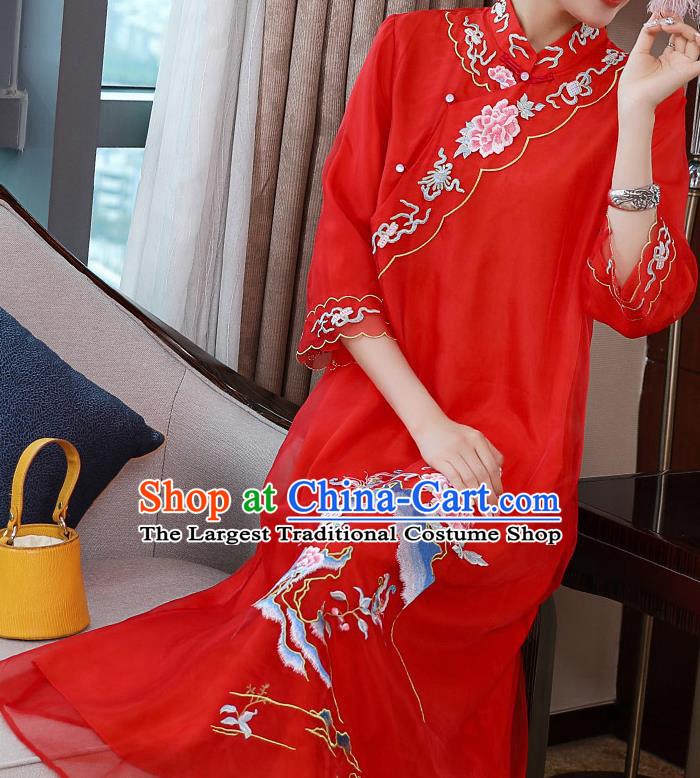 China Classical Embroidered Red Organdy Cheongsam Tang Suit Qipao Dress Traditional Young Woman Costume