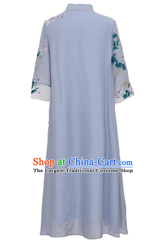 China Traditional Young Woman Costume Tang Suit Grey Tencel Qipao Dress Classical Embroidered Chrysanthemum Cheongsam