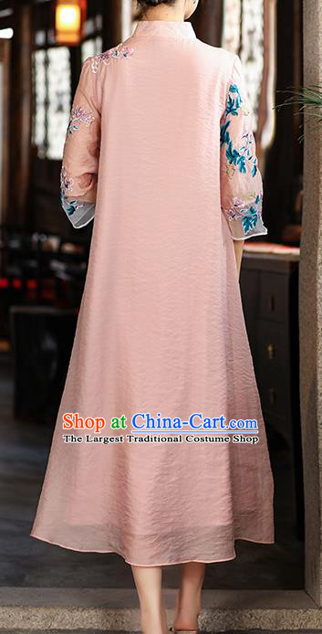 China Tang Suit Pink Tencel Qipao Dress Classical Embroidered Chrysanthemum Cheongsam Traditional Young Woman Costume