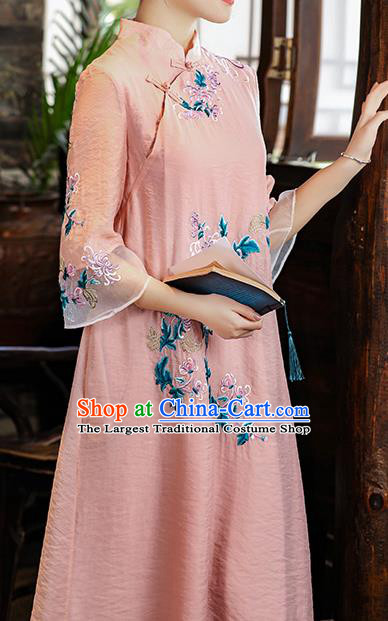 China Tang Suit Pink Tencel Qipao Dress Classical Embroidered Chrysanthemum Cheongsam Traditional Young Woman Costume