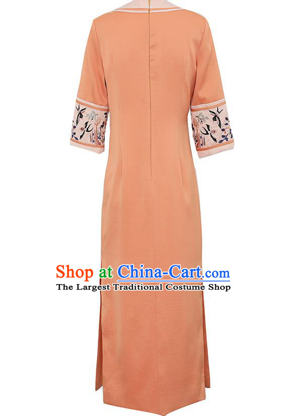 China Tang Suit Orange Silk Qipao Dress Classical Embroidered Cheongsam Traditional National Woman Costume