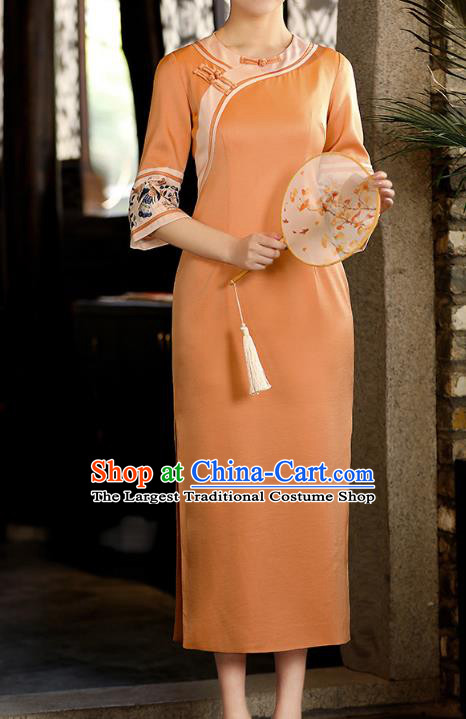 China Tang Suit Orange Silk Qipao Dress Classical Embroidered Cheongsam Traditional National Woman Costume