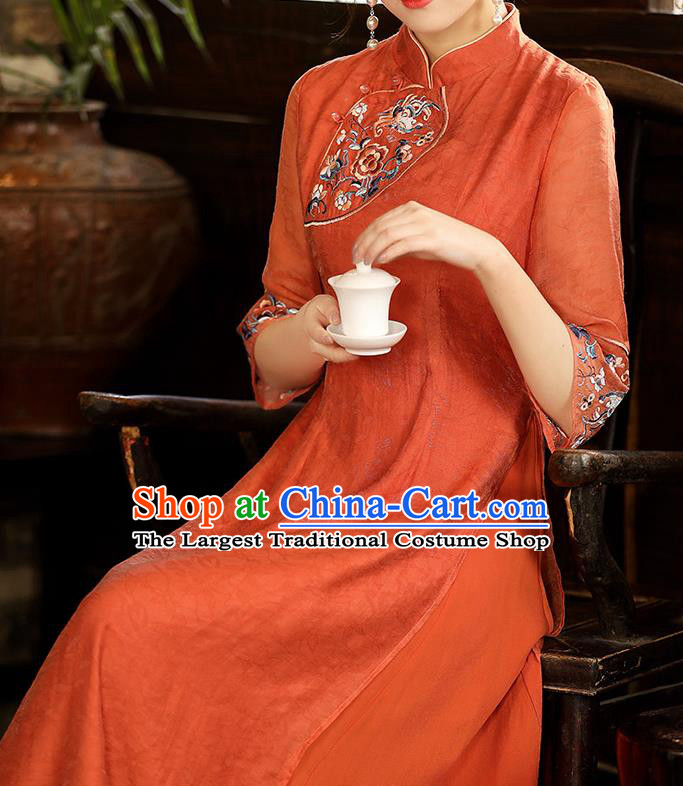 China Classical Embroidered Cheongsam Traditional National Zen Costume Tang Suit Jacinth Tencel Qipao Dress