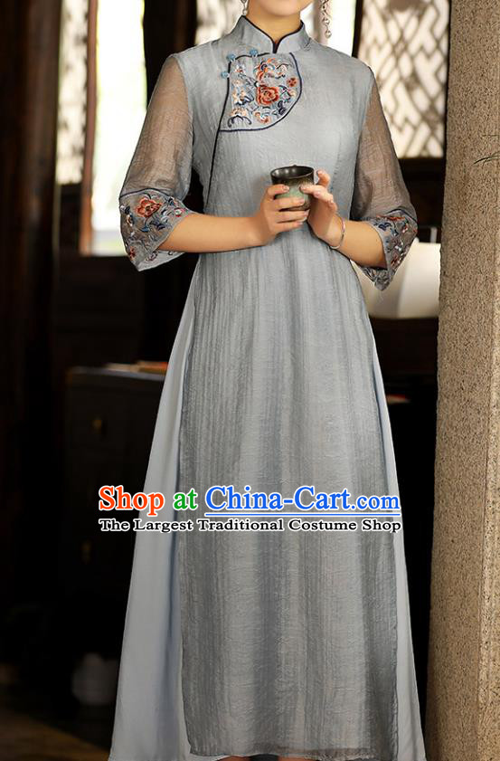 China Traditional National Zen Costume Tang Suit Blue Tencel Qipao Dress Classical Embroidered Cheongsam