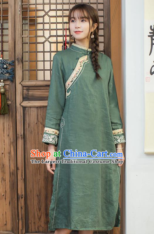 China Classical Embroidered Green Flax Cheongsam Tang Suit Zen Costume Traditional Young Lady Qipao Dress