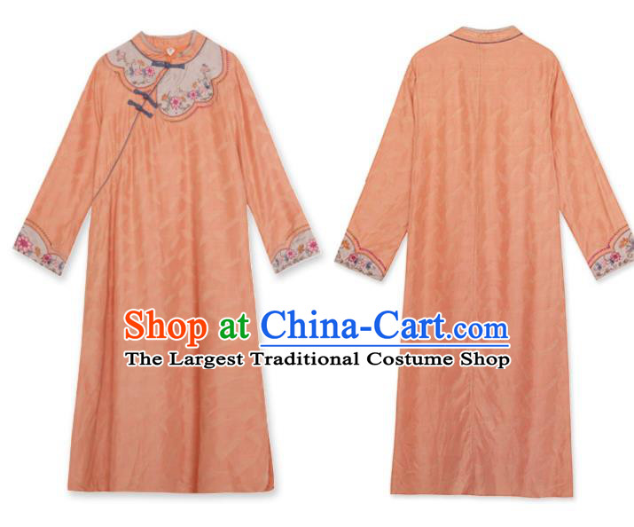 China Classical Embroidered Cheongsam Traditional Young Lady Orange Qipao Dress