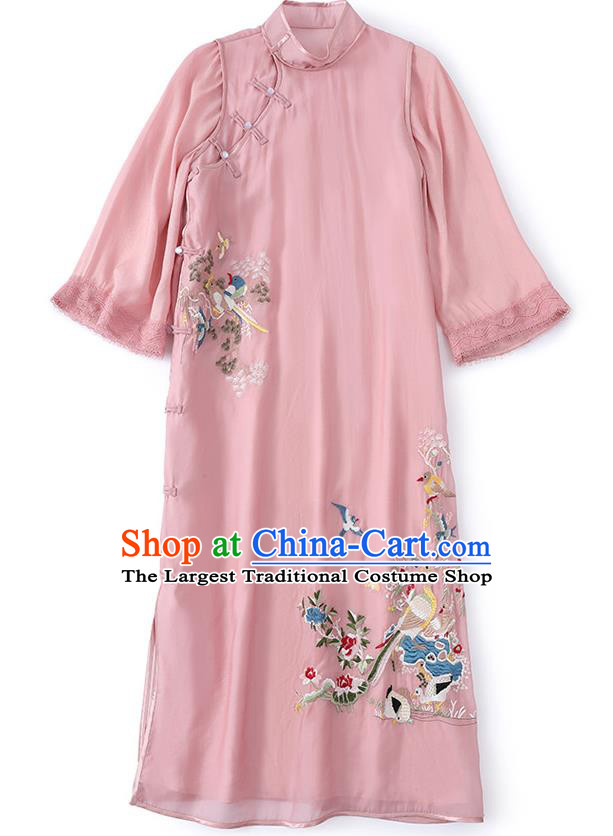 China Traditional Tang Suit Round Collar Qipao Dress Classical Embroidered Pink Tencel Cheongsam