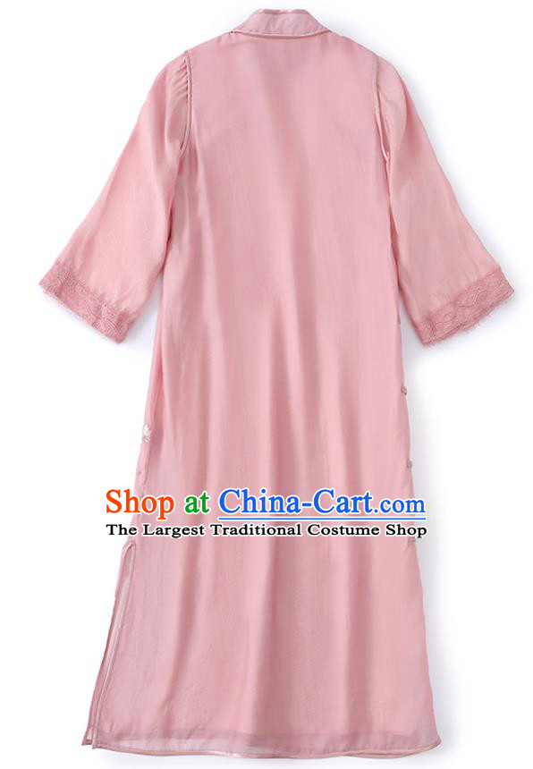 China Traditional Tang Suit Round Collar Qipao Dress Classical Embroidered Pink Tencel Cheongsam
