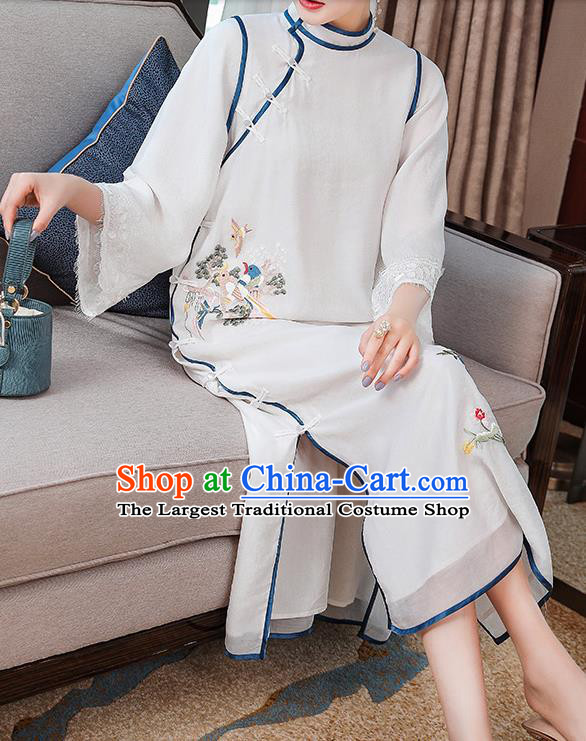 China Classical Embroidered White Tencel Cheongsam Traditional Tang Suit Round Collar Qipao Dress