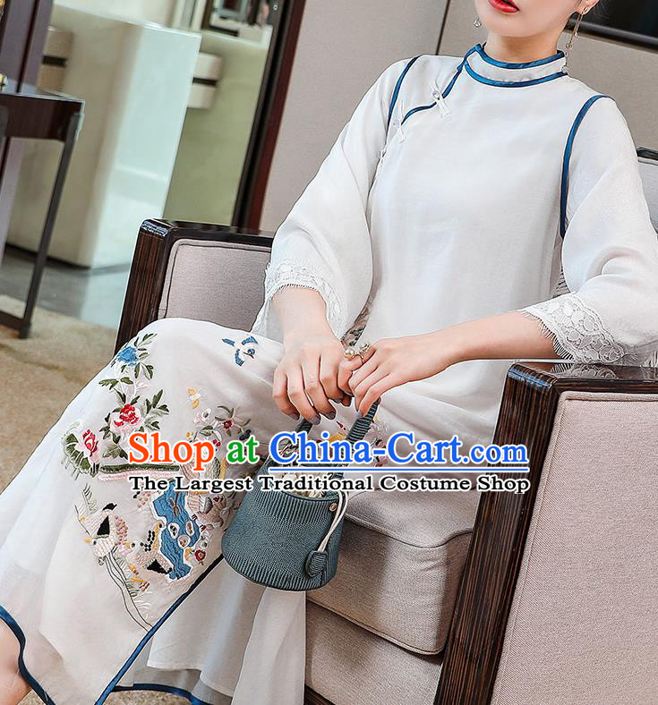 China Classical Embroidered White Tencel Cheongsam Traditional Tang Suit Round Collar Qipao Dress