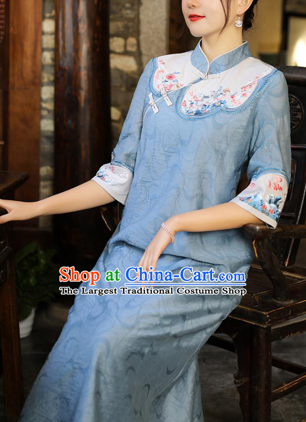China Traditional Tang Suit Blue Tencel Qipao Dress Classical Embroidered Cheongsam