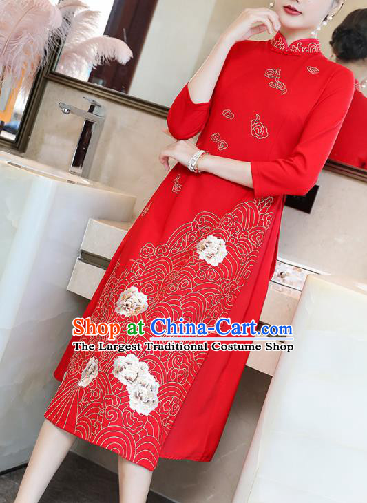 China Modern Dance Ao Dai Cheongsam Traditional Tang Suit Red Satin Qipao Dress