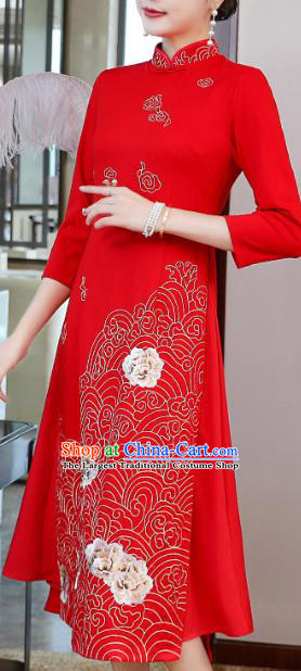 China Modern Dance Ao Dai Cheongsam Traditional Tang Suit Red Satin Qipao Dress