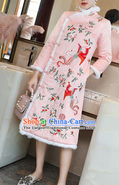 China Traditional Classical Pink Silk Qipao Dress Tang Suit Embroidered Phoenix Peony Cheongsam
