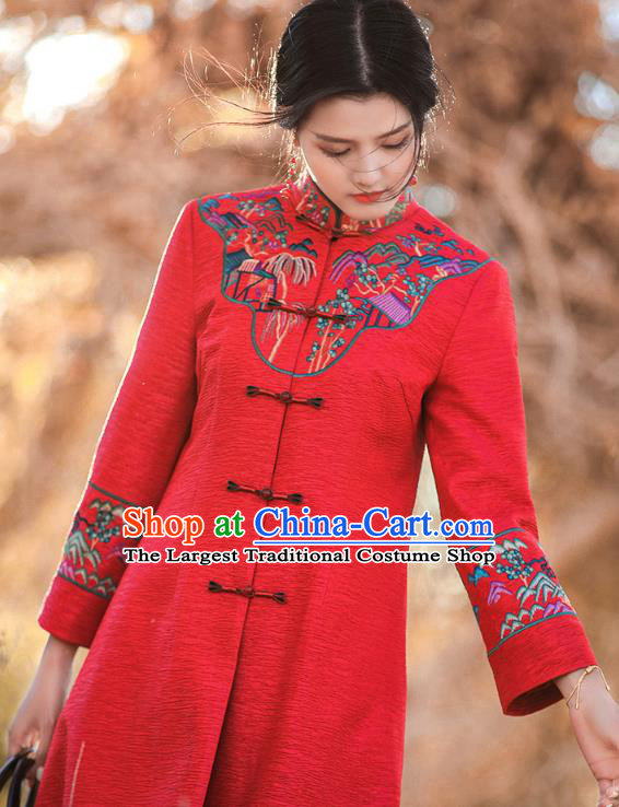 Chinese Traditional Embroidered Outer Garment National Tang Suit Red Dust Coat