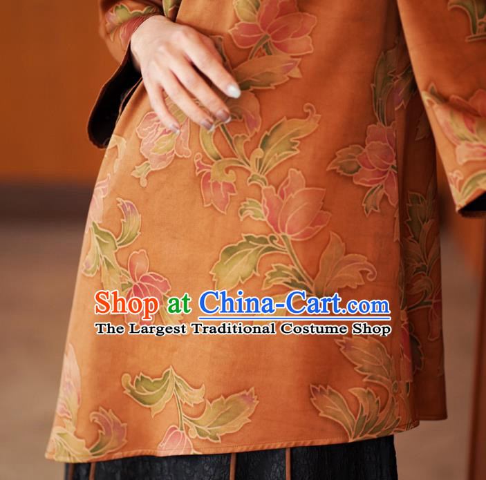 China Traditional Orange Silk Short Jacket National Gambiered Guangdong Gauze Upper Outer Garment