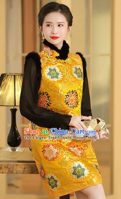 Chinese Traditional Tang Suit Yellow Brocade Vest National Winter Cotton Wadded Waistcoat