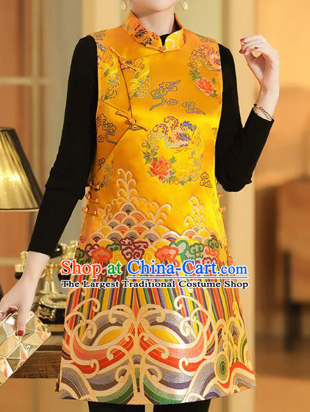 Chinese Classical Phoenix Peony Pattern Yellow Brocade Waistcoat Traditional Tang Suit Vest