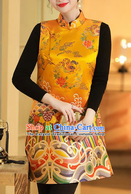 Chinese Classical Phoenix Peony Pattern Yellow Brocade Waistcoat Traditional Tang Suit Vest