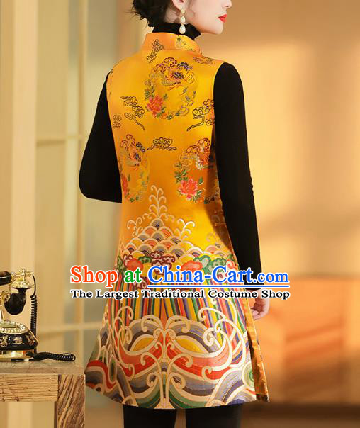 Chinese Classical Phoenix Peony Pattern Yellow Brocade Waistcoat Traditional Tang Suit Vest