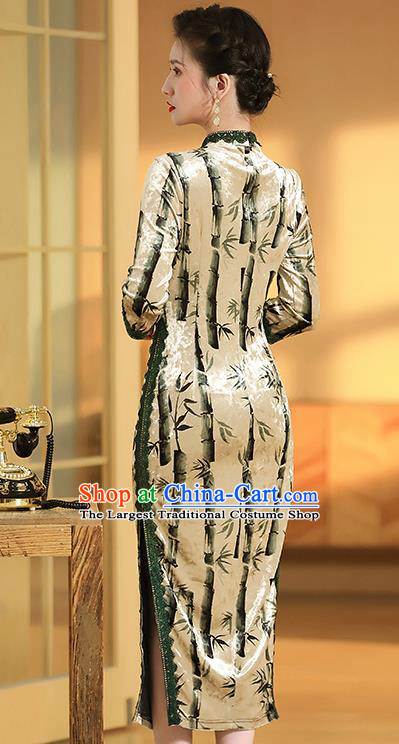 China Classical Qipao Dress Traditional Tang Suit Printing Bamboo Cheongsam Costume