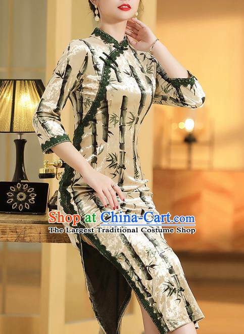 China Classical Qipao Dress Traditional Tang Suit Printing Bamboo Cheongsam Costume