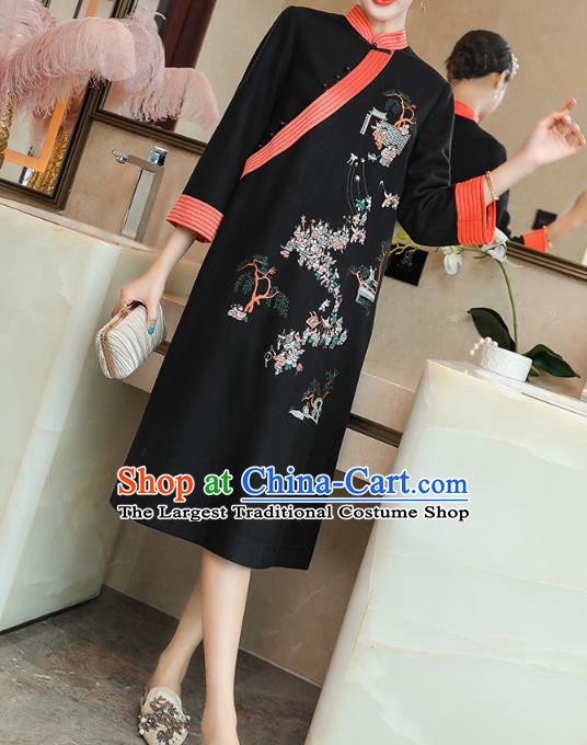 China Traditional Tang Suit Embroidered Cheongsam Zen Costume Classical Black Woolen Qipao Dress