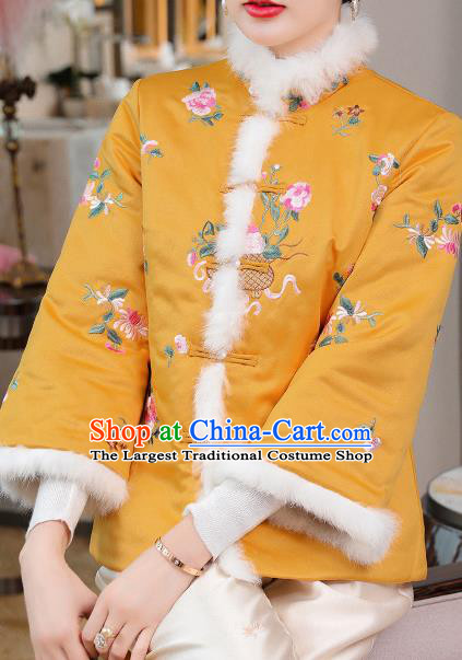 Chinese Traditional Embroidered Yellow Cotton Wadded Jacket Winter Tang Suit Overcoat Garment