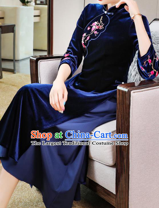 China Traditional Embroidered Plum Blossom Cheongsam Costume Tang Suit Deep Blue Velvet Qipao Dress