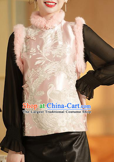 Chinese National Phoenix Pattern Cotton Wadded Waistcoat Traditional Tang Suit Pink Brocade Vest