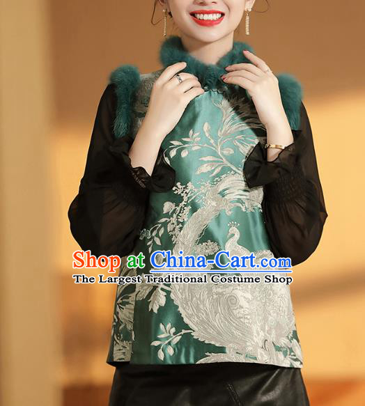 Chinese Traditional Tang Suit Green Brocade Vest National Phoenix Pattern Cotton Wadded Waistcoat
