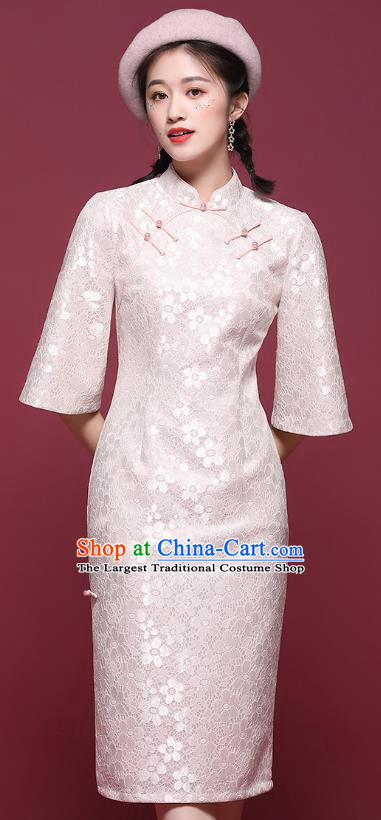China National Tang Suit Light Pink Lace Cheongsam Modern Dance Trumpet Sleeve Qipao Dress