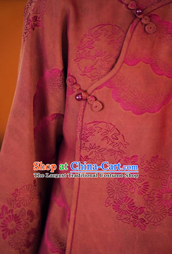 China Traditional Jacquard Watered Gauze Top Blouse National Dark Red Silk Shirt