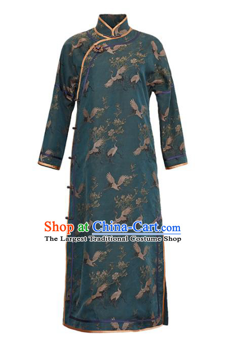Republic of China Classical Crane Pattern Teal Silk Qipao Dress Traditional Jacquard Brocade Cheongsam Clothing