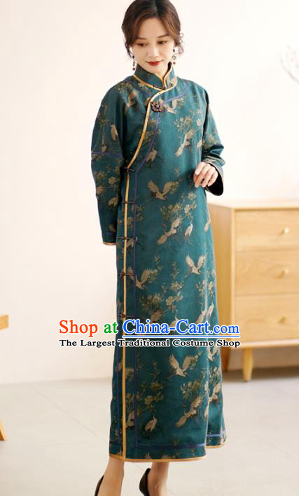 Republic of China Classical Crane Pattern Teal Silk Qipao Dress Traditional Jacquard Brocade Cheongsam Clothing