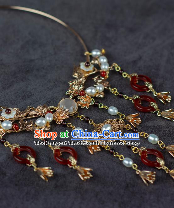 China Classical Wedding Necklace Accessories Traditional Ming Dynasty Princess Red Agate Tassel Necklet