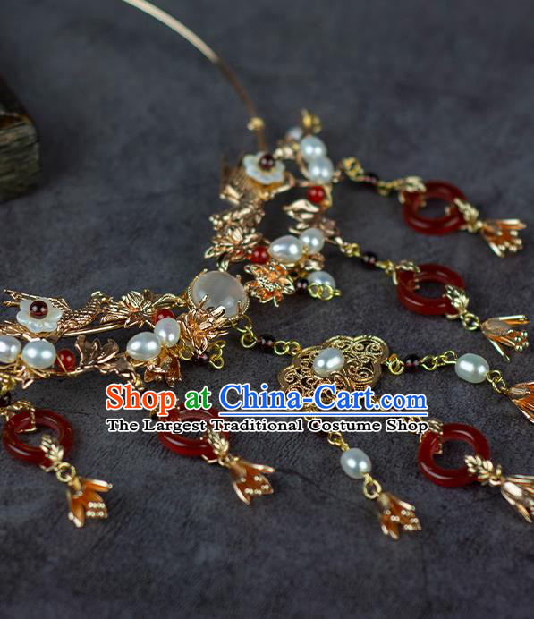 China Classical Wedding Necklace Accessories Traditional Ming Dynasty Princess Red Agate Tassel Necklet