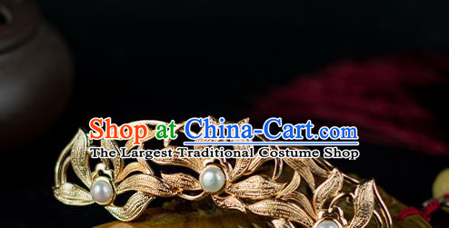 Chinese Traditional Hanfu Pearls Hairpin Hair Accessories Ancient Ming Dynasty Princess Golden Orchids Hair Crown