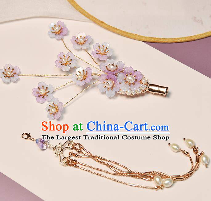 Chinese Traditional Purple Sakura Hairpin Hanfu Hair Accessories Ancient Princess Pearls Tassel Hair Claw