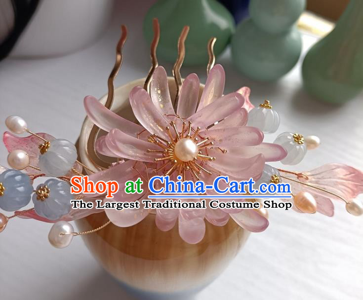 Chinese Ancient Young Lady Hairpin Hanfu Hair Accessories Traditional Song Dynasty Pink Chrysanthemum Hair Comb