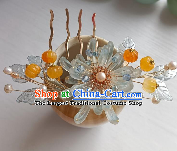 Chinese Hanfu Hair Accessories Traditional Song Dynasty Blue Chrysanthemum Hair Comb Ancient Young Lady Hairpin