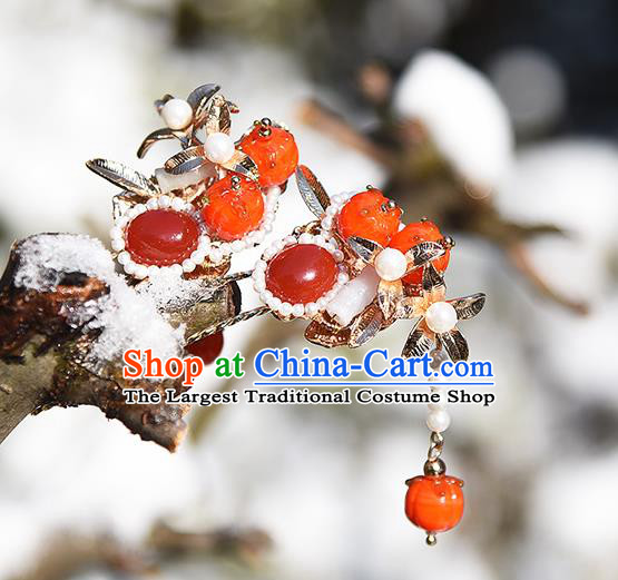 Chinese Traditional Red Persimmon Hairpin Handmade Hair Accessories Ancient Palace Lady Agate Hair Stick