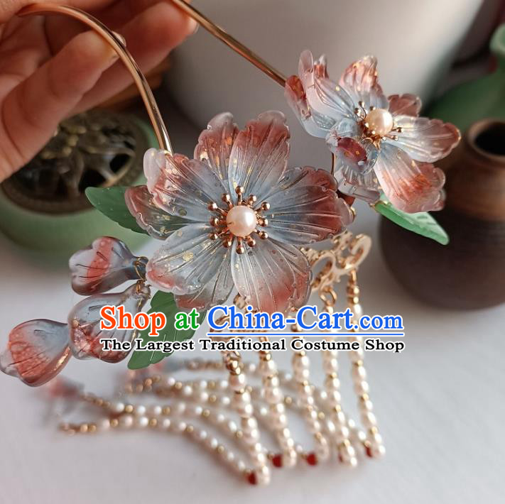 Chinese Ancient Noble Lady Flowers Hairpin Hanfu Hair Accessories Traditional Ming Dynasty Pearls Tassel Hair Stick