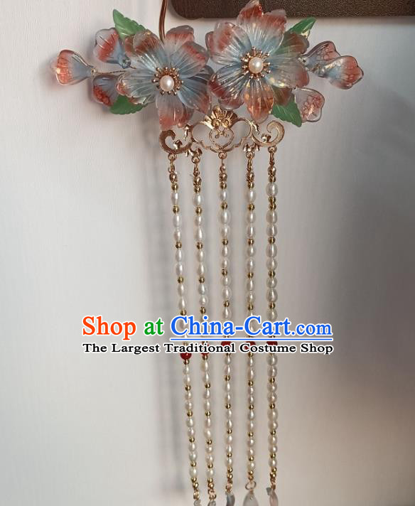 Chinese Ancient Noble Lady Flowers Hairpin Hanfu Hair Accessories Traditional Ming Dynasty Pearls Tassel Hair Stick