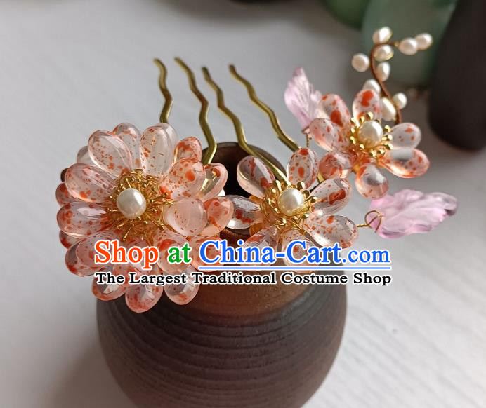 Chinese Ancient Imperial Concubine Hairpin Hanfu Hair Accessories Traditional Tang Dynasty Pink Chrysanthemum Hair Stick