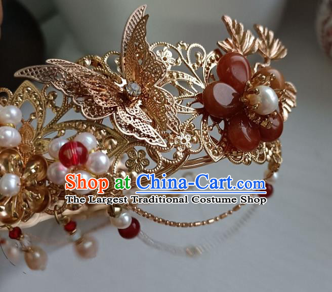 Chinese Ancient Bride Shell Hairpin Hanfu Hair Accessories Traditional Ming Dynasty Golden Phoenix Hair Crown