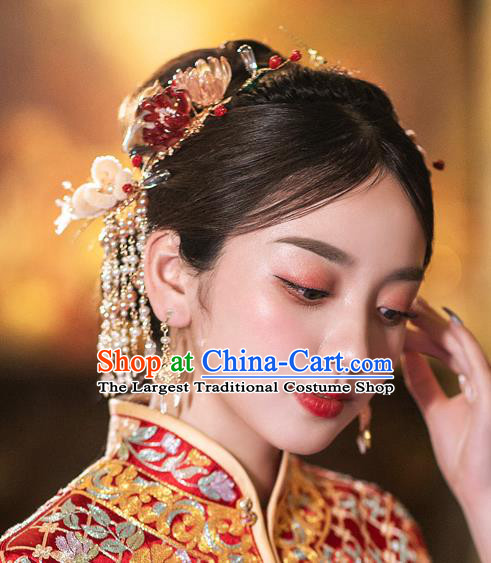 Chinese Traditional Wedding Hair Accessories Classical Xiuhe Suit Velvet Flowers Hairpins Full Set